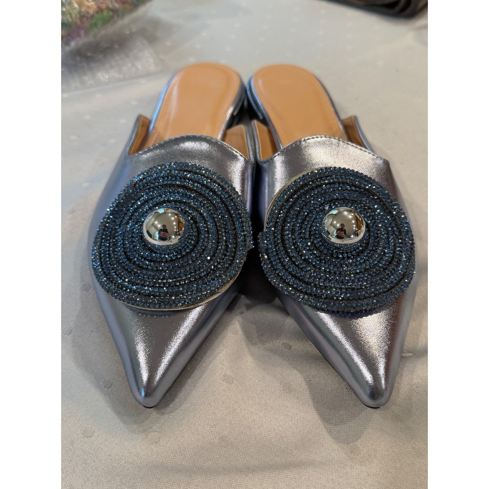 Avant Garde Evil Eye Sculptural Mules Icy Blue Metallic Patent Leather Flats 40